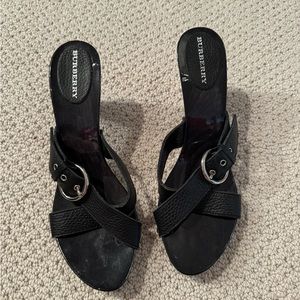 Burberry Black Leather Kitten Heels with Silver Buckles